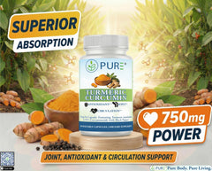 Close-up of PURE Turmeric Curcumin capsules with smooth coating for easy daily use.