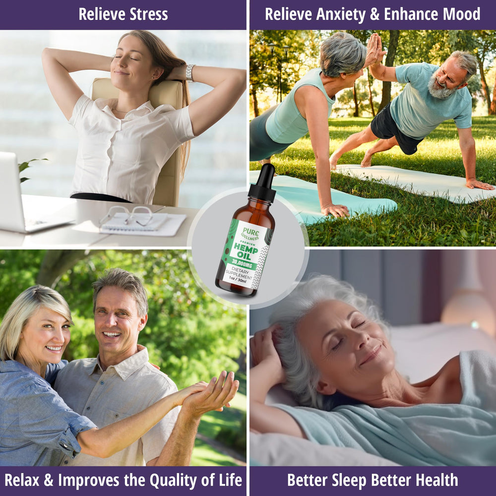 Pure Wellness hemp seed oil label view shows organic, non-GMO, vegan formulation.