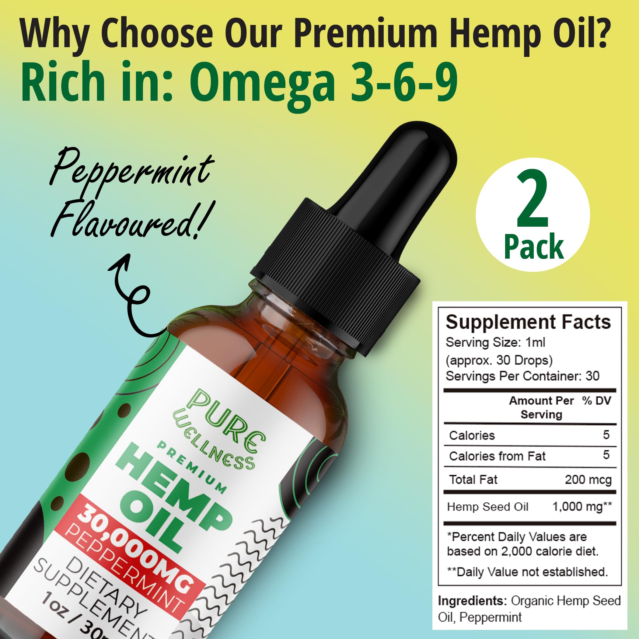Pure Wellness Organic hemp seed oil label highlights potency and organic origin