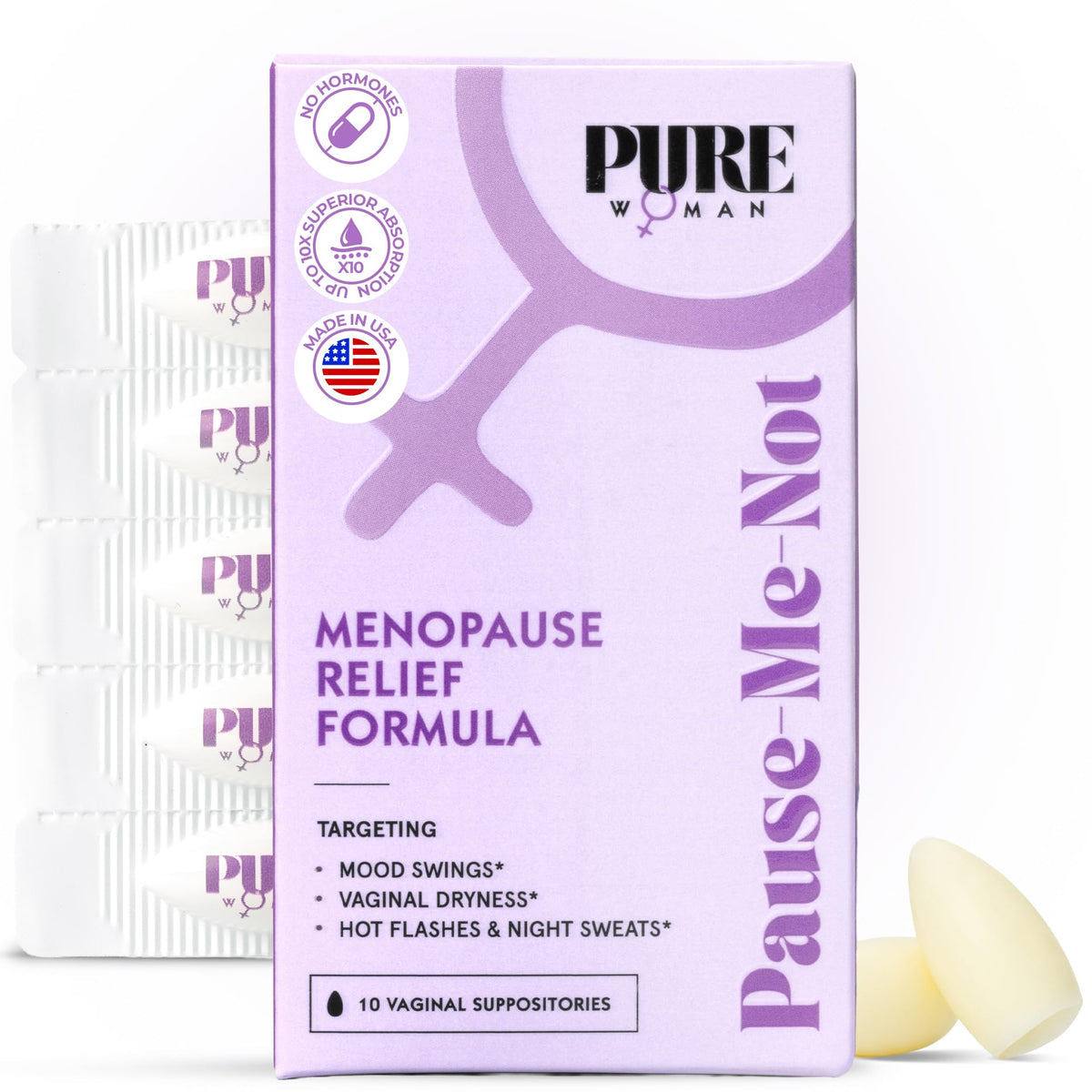 PURE WOMAN Pause-Me-Not packaging displayed as a menopause relief option