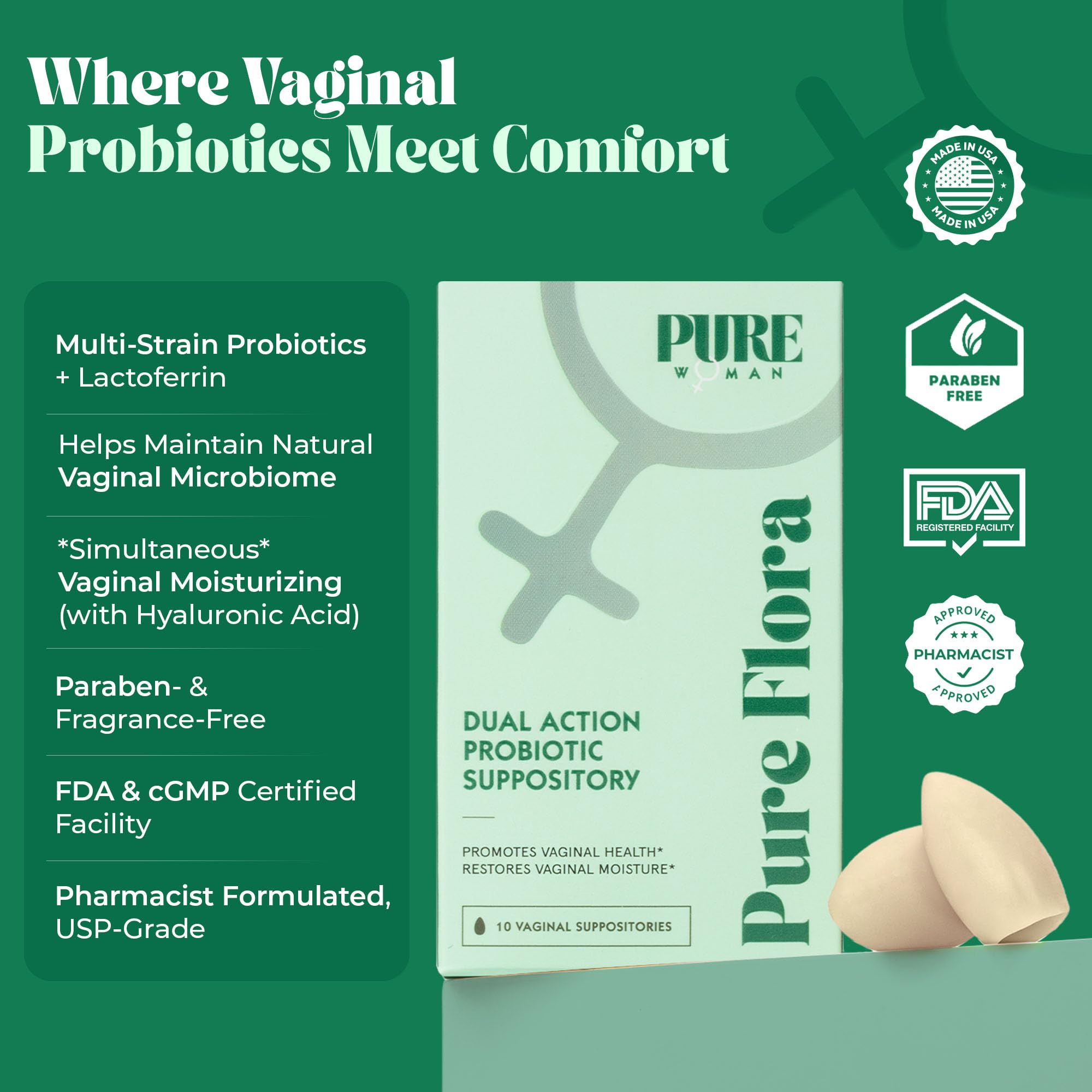 Pure Flora bedtime application shows easy insert for nightly comfort and moisture.