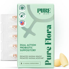 Pure Flora vaginal probiotic box and blister pack promote daily vaginal balance and gentle care.