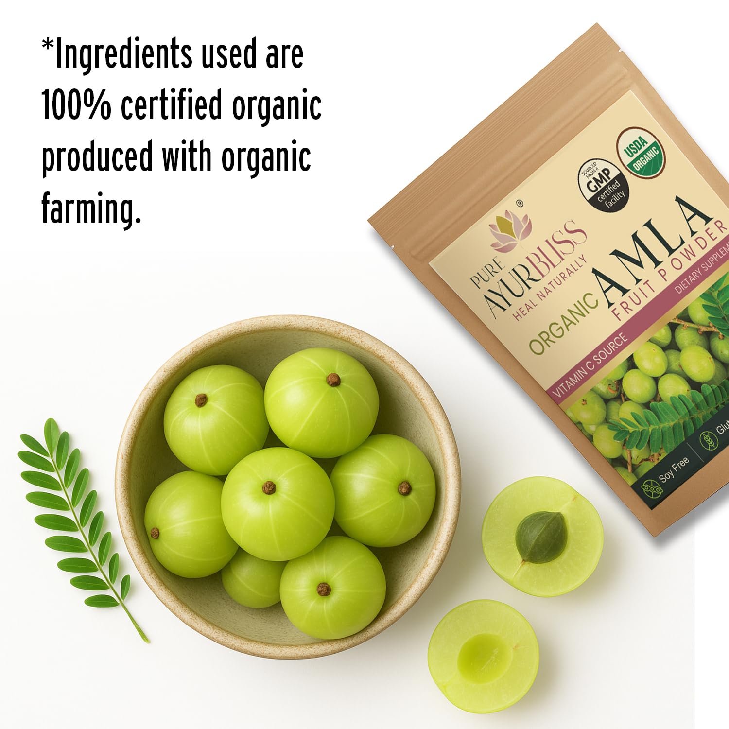 PureAyurbliss amla powder bottle label highlighting vegan and gluten-free attributes