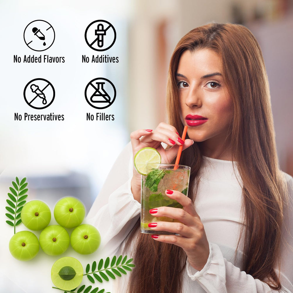 PureAyurbliss amla powder with measuring spoon, convenient for smoothies