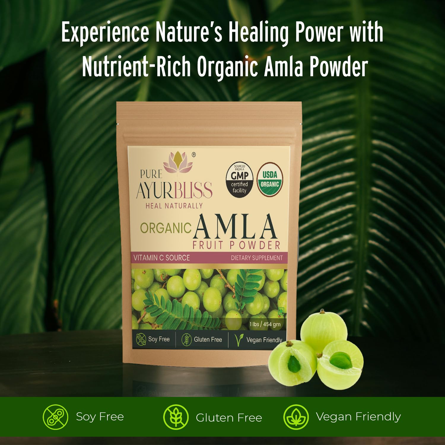 PureAyurbliss amla powder open tin showing texture for digestion
