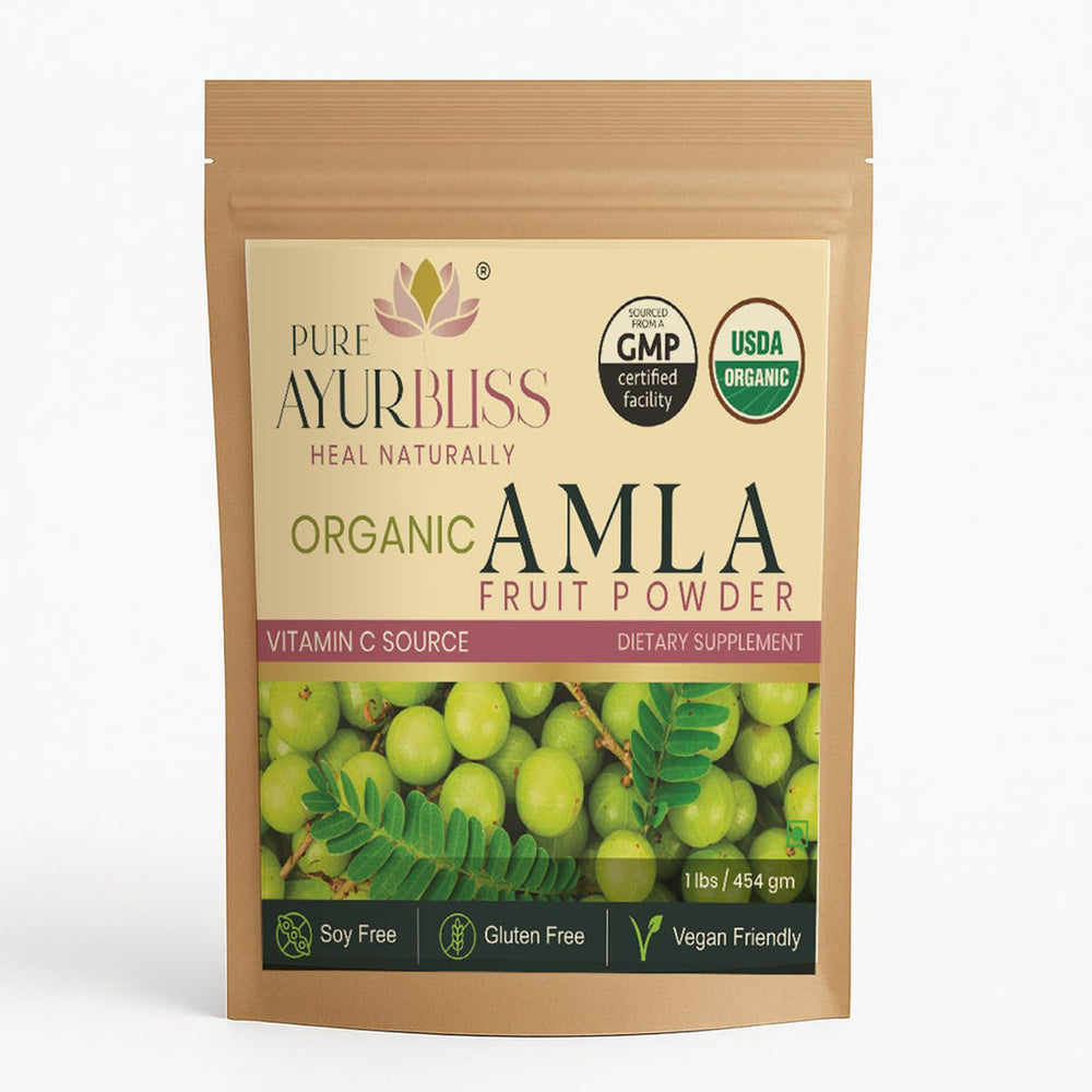 PureAyurbliss amla powder tin on white surface for daily nourishment
