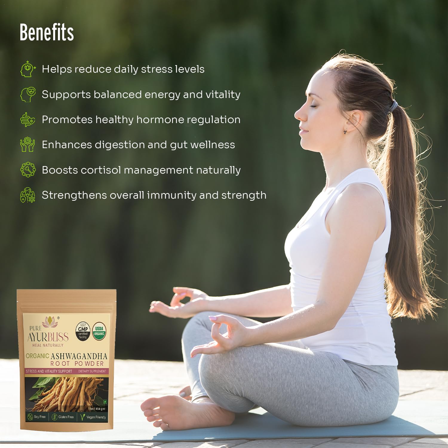 PureAyurbliss Ashwagandha powder in a kitchen scene for daily routines.