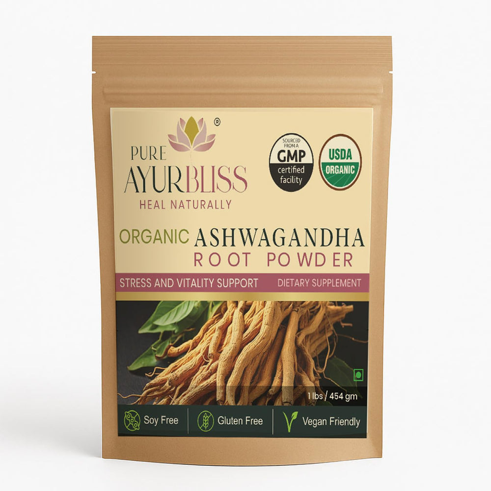 PureAyurbliss Ashwagandha powder bottle for daily wellness and energy support.