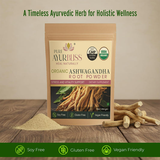 PureAyurbliss Ashwagandha label close-up showing organic ingredients for everyday vitality.