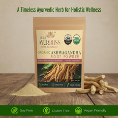 PureAyurbliss Ashwagandha label close-up showing organic ingredients for everyday vitality.