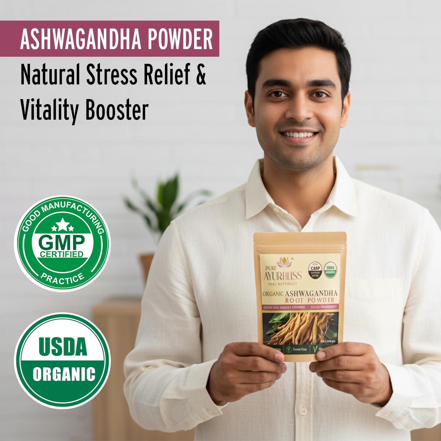 PureAyurbliss Ashwagandha powder scoop for precise daily servings.