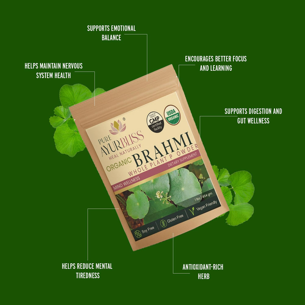 PureAyurbliss Brahmi powder bottle label shows organic blend.