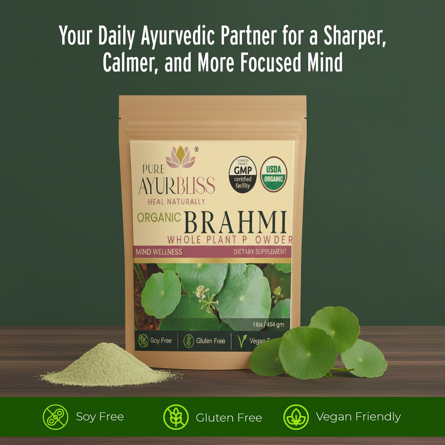 PureAyurbliss Brahmi powder scoop for daily cognitive rituals.