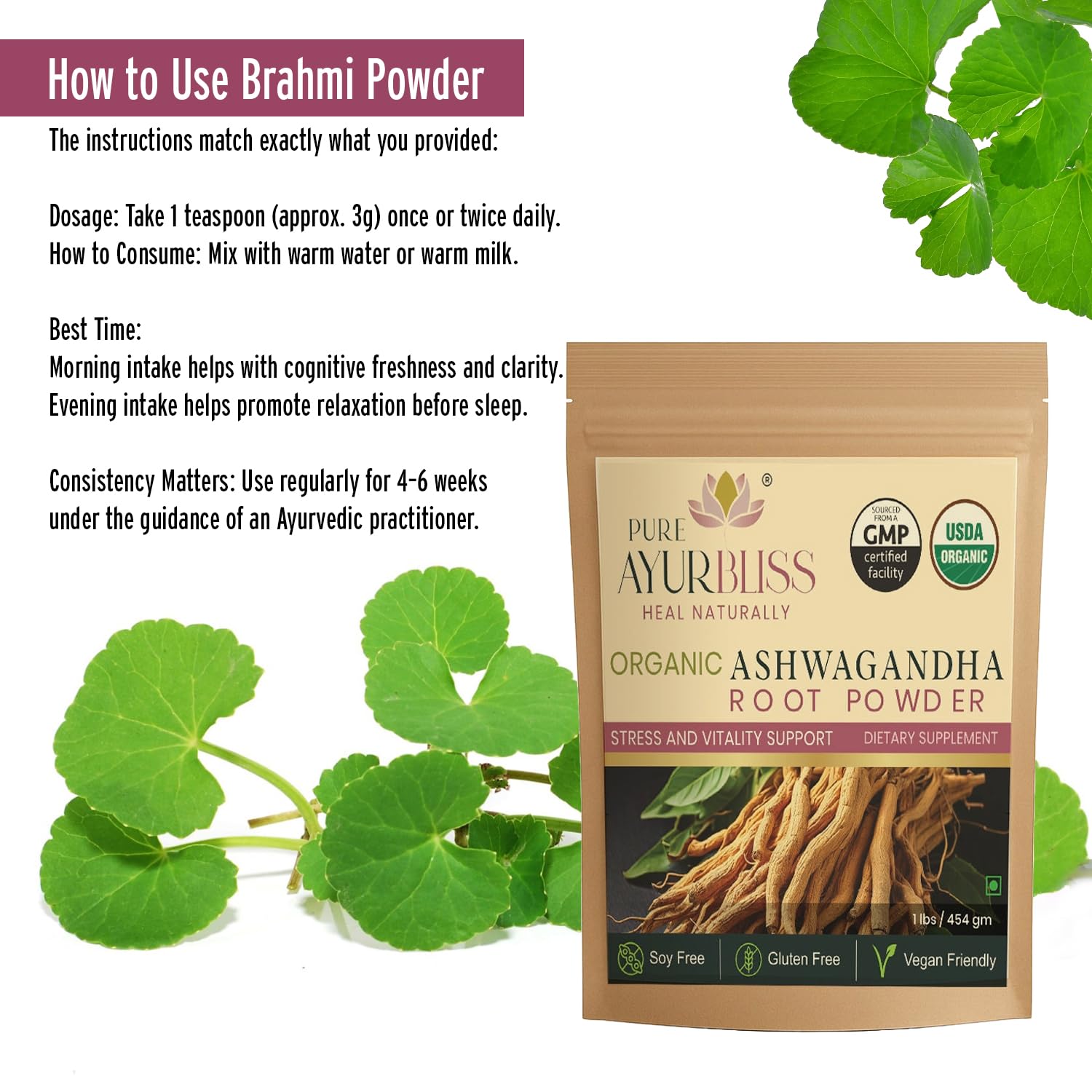 PureAyurbliss Brahmi powder spoon in bowl for dosing.