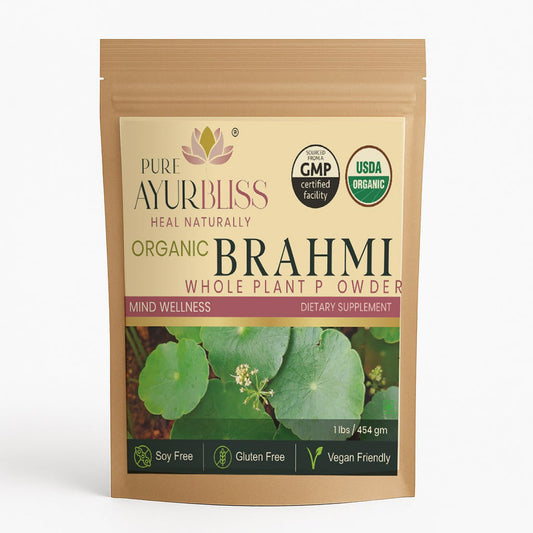 PureAyurbliss Brahmi powder tin jar for memory and focus support.