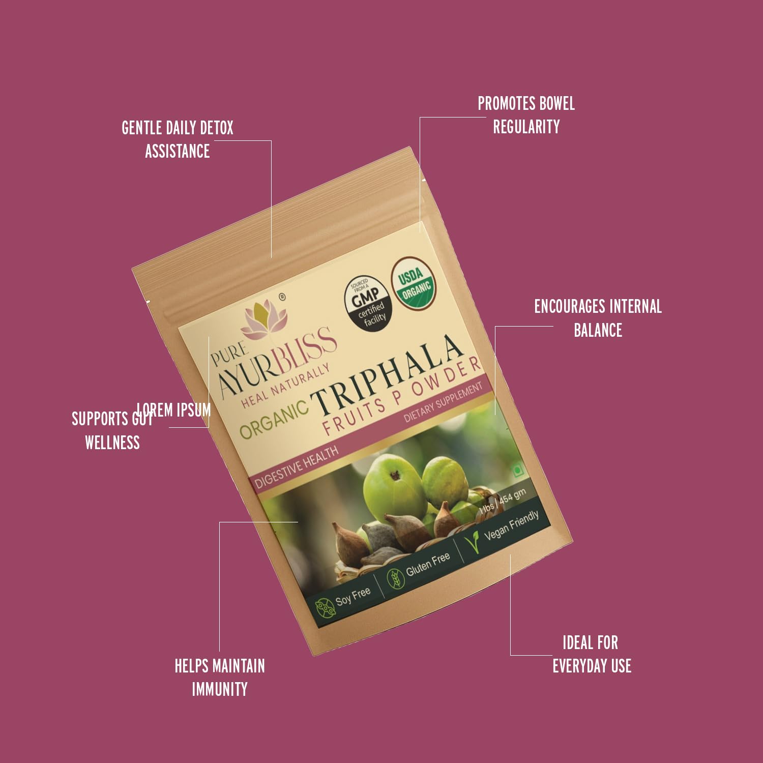 PureAyurbliss Triphala powder ready for gentle daily detox routines.