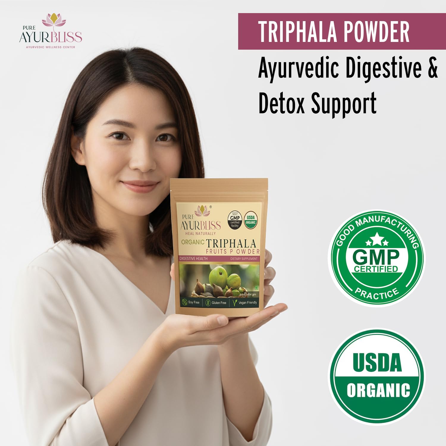 PureAyurbliss Triphala ingredients Amla Haritaki Bibhitaki shown together for gut-friendly traditional blend.