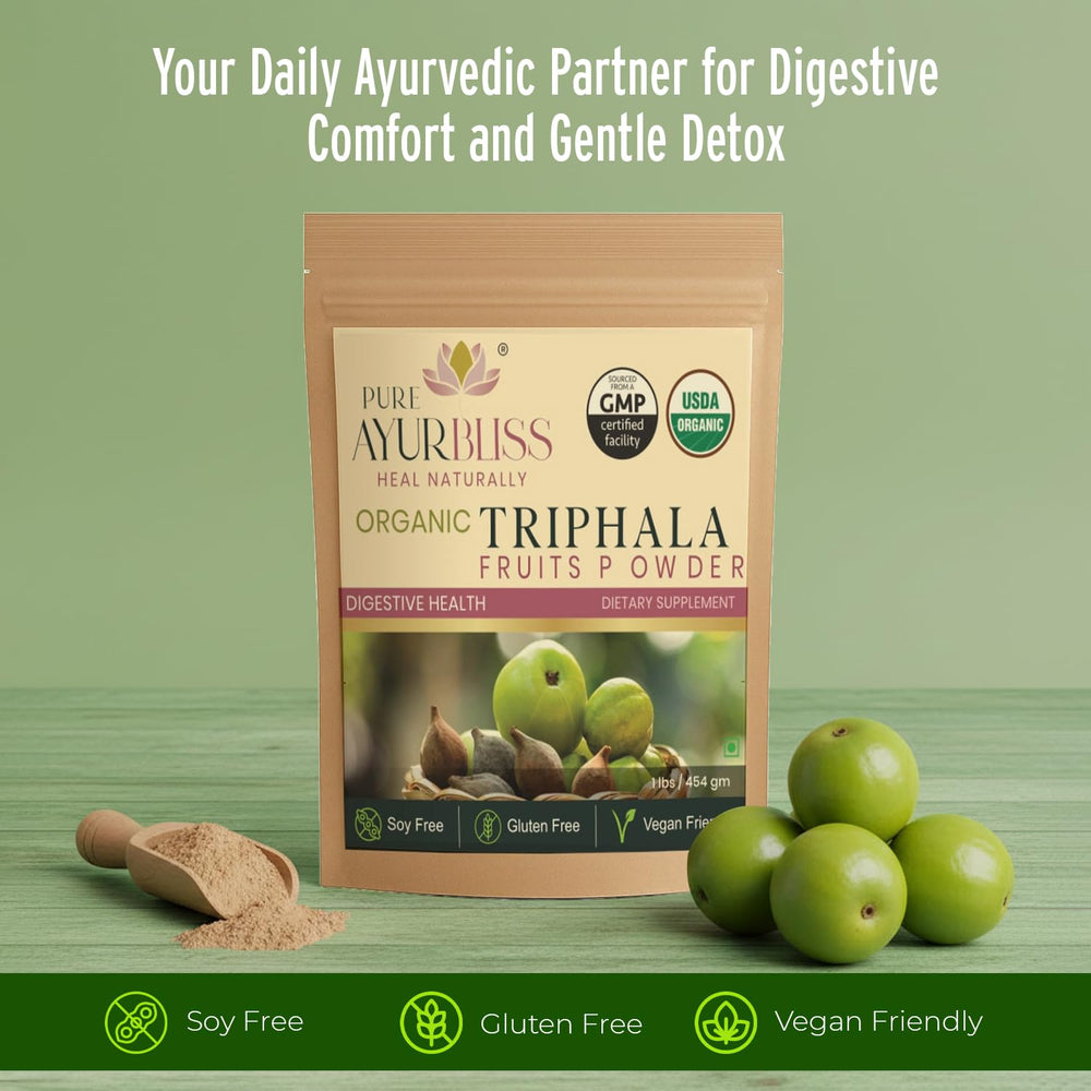 Close up of PureAyurbliss Triphala powder texture, earthy and fine for daily use.