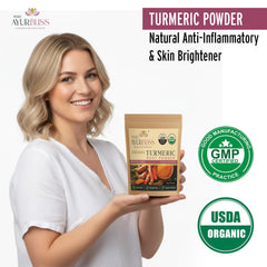 PureAyurbliss turmeric powder bottle on counter shows versatile kitchen staple and warmth.