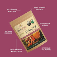 PureAyurbliss turmeric powder in cup of golden milk suggests immune-supporting warmth.