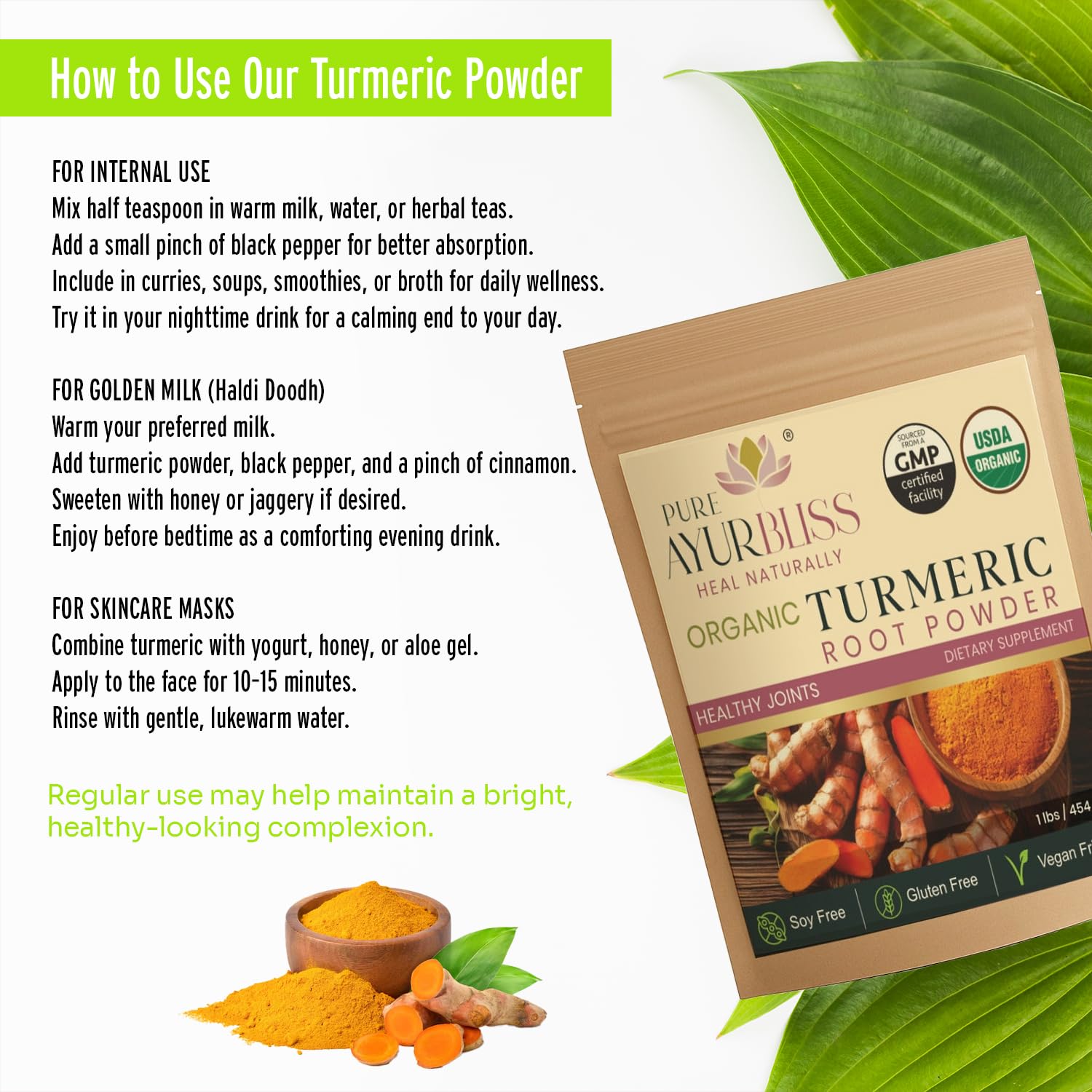 PureAyurbliss turmeric powder DIY face-mask mix for skincare rituals.