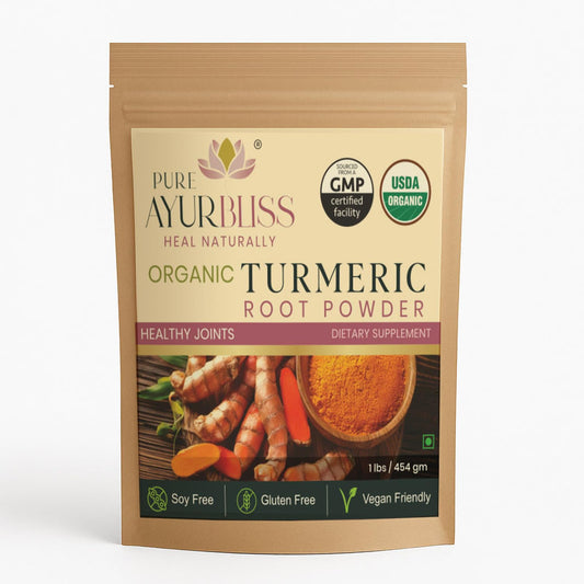 PureAyurbliss turmeric powder jar closeup for daily balance and flavor potential.
