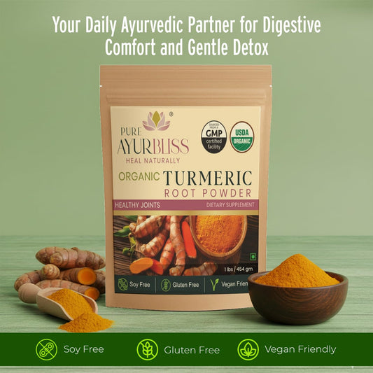 PureAyurbliss turmeric powder scoop dispensing for easy daily use and gut comfort.