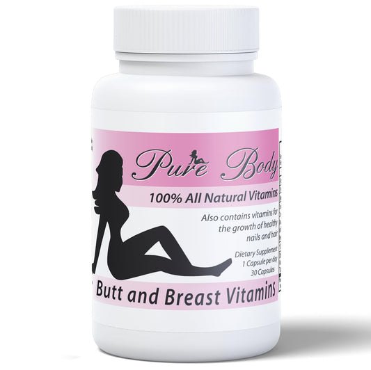 PureBody Vitamins bottle closeup for daily use supporting potential booty and bust enhancement