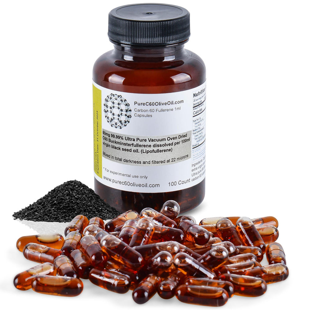 PureC60 Olive Oil bottle side view showcases premium packaging for high-purity black seed oil.