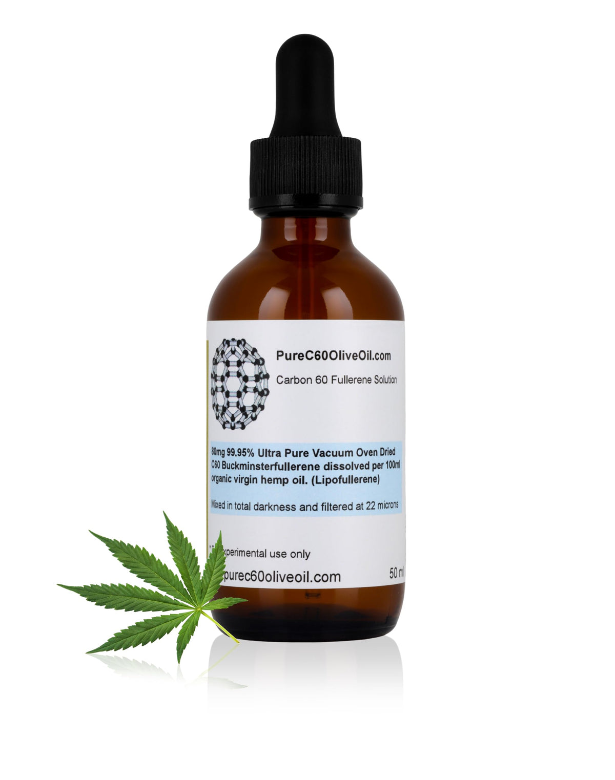 PureC60OliveOil bottle with C60 hemp oil shows high purity for lab use.