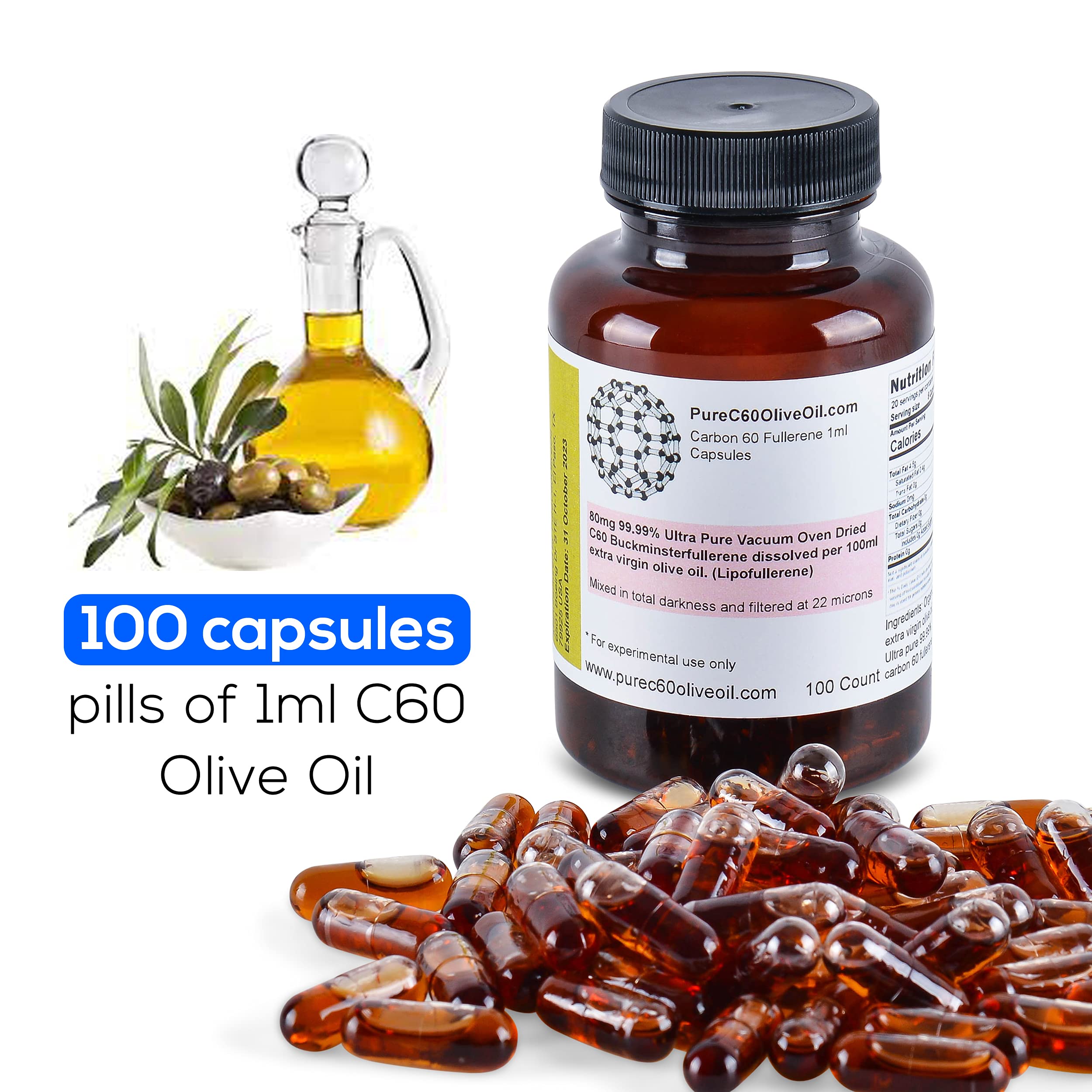 Closeup of PureC60OliveOil capsules showing solvent-free, food-grade C60 in olive oil