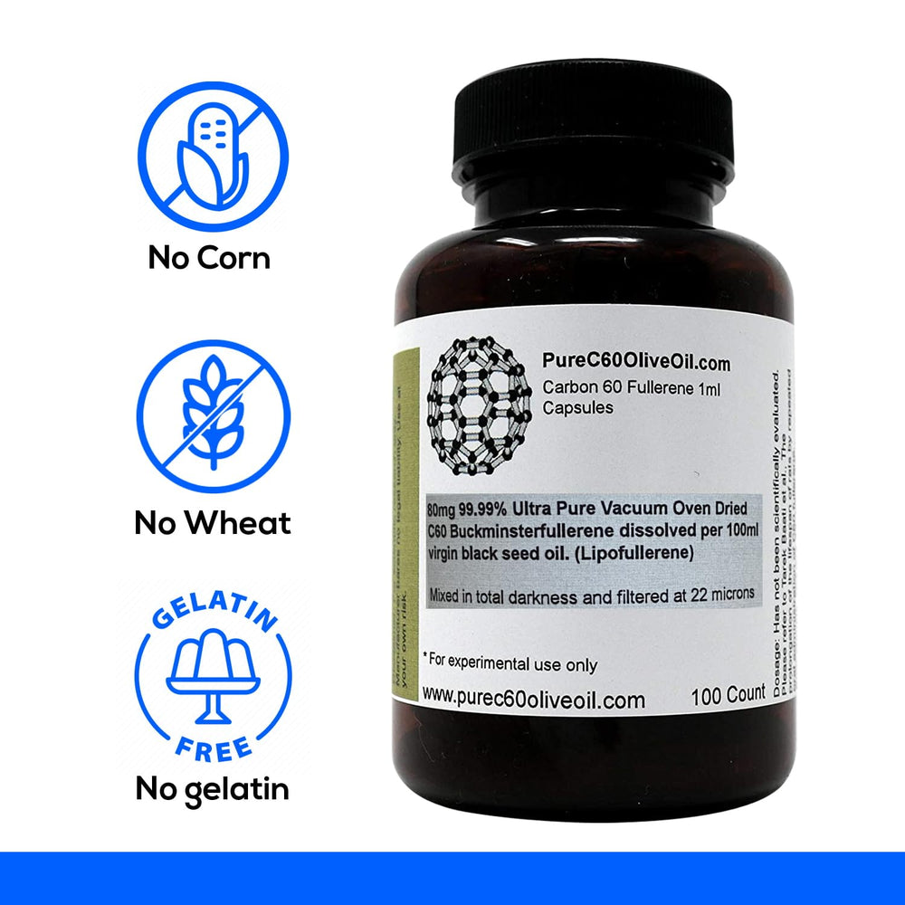PureC60 Olive Oil label close-up notes 99.99% C60 in virgin black seed oil.