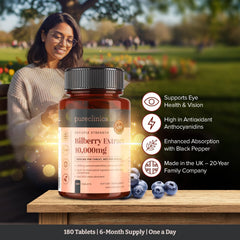 PureClinica Bilberry Extract quality-tested seal on packaging.