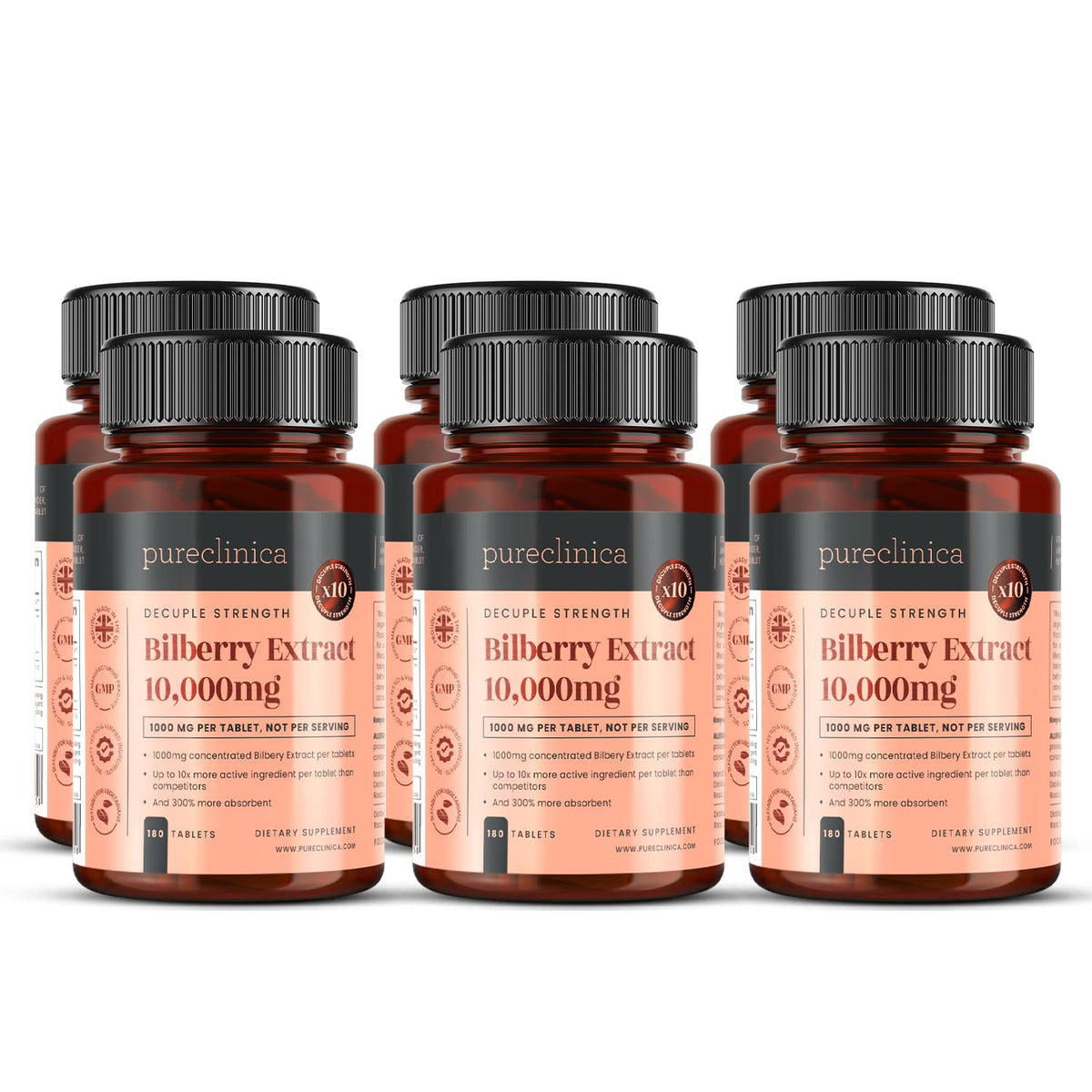 PureClinica Bilberry Extract tablet close-up showing high potency per tablet.