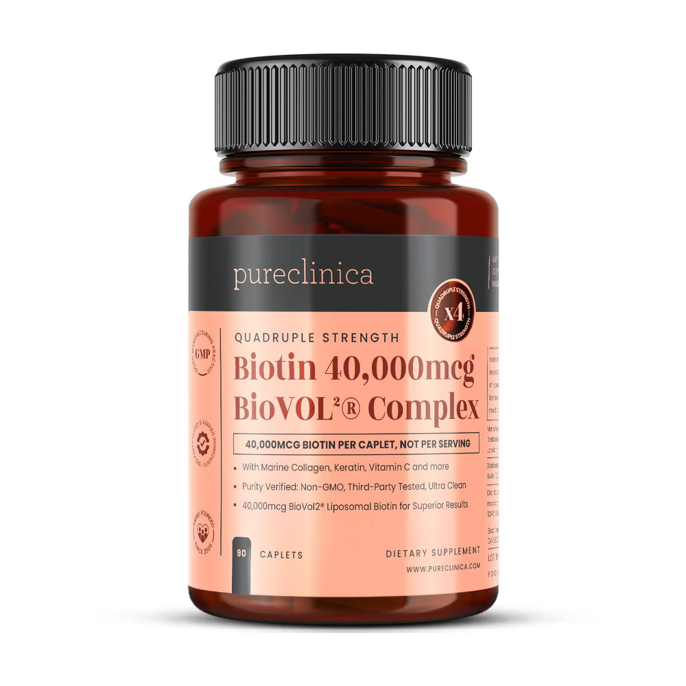 PureClinica Biotin 40,000 caplet bottle showing high-potency daily supplement for hair, skin, and nails.