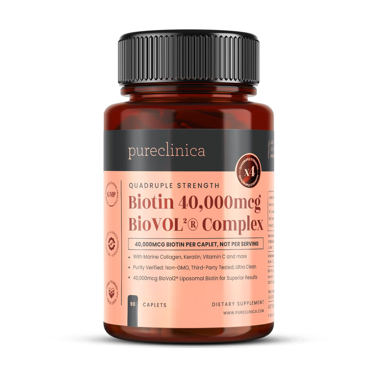PureClinica Biotin 40,000 caplet bottle showing high-potency daily supplement for hair, skin, and nails.