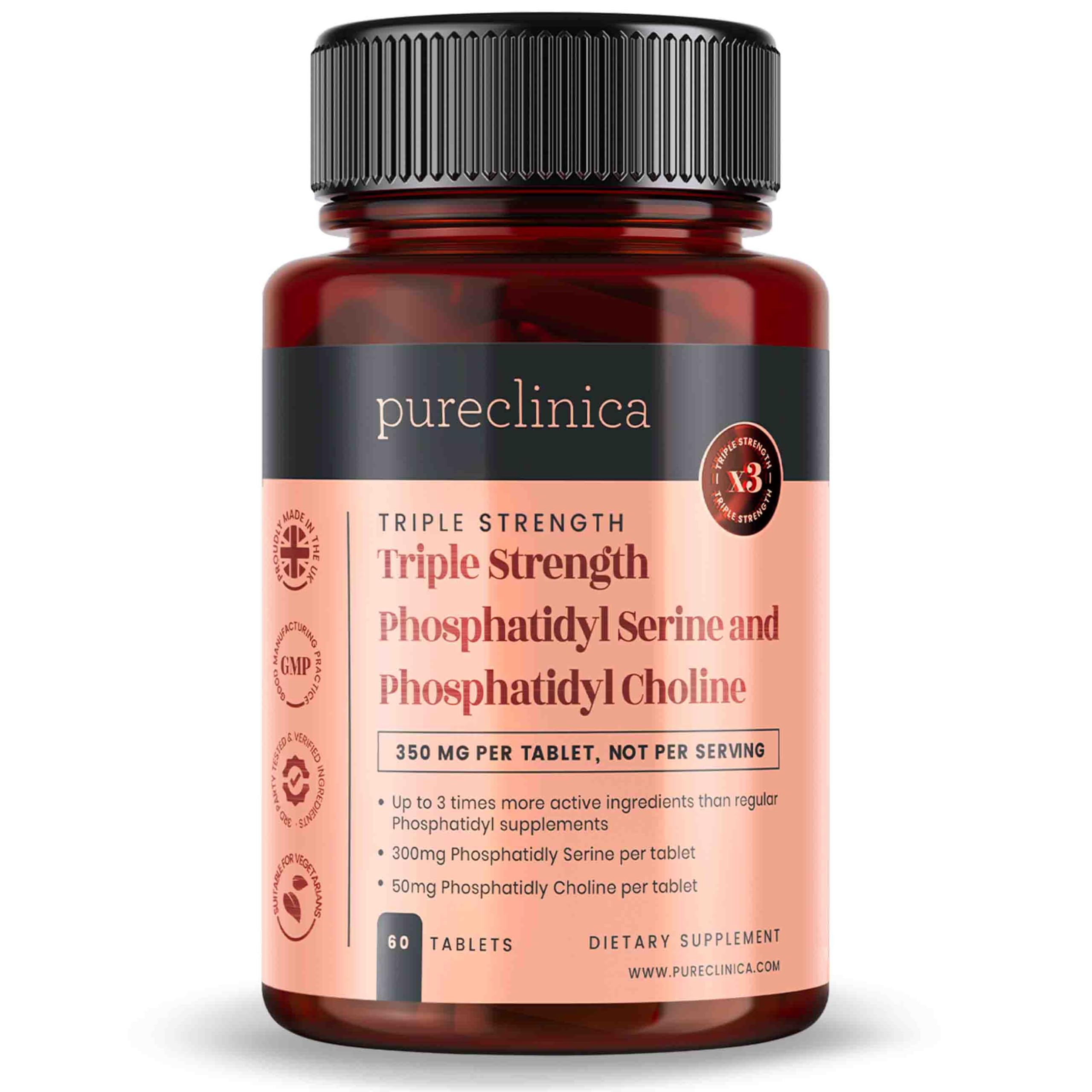 PureClinica bottle front view showing triple-strength tablets for daily cognitive support