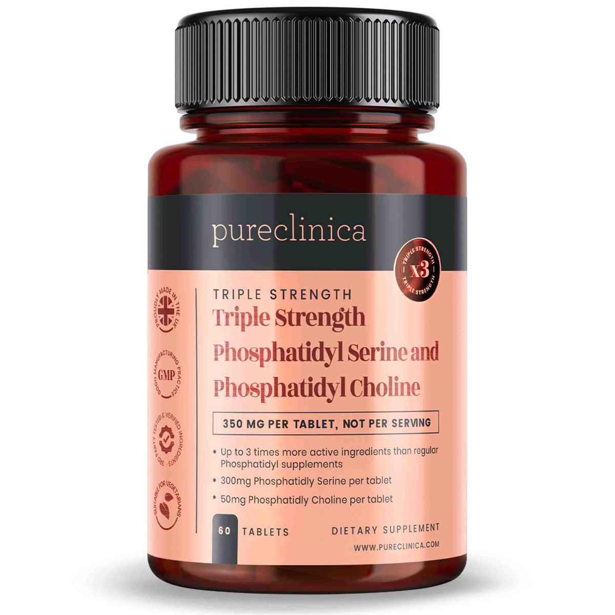 PureClinica bottle front view showing triple-strength tablets for daily cognitive support