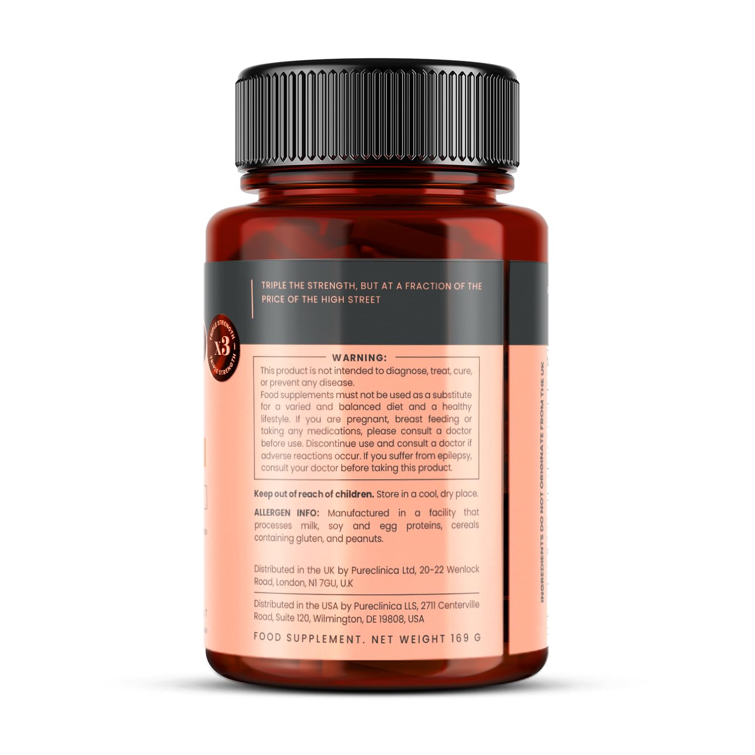 PureClinica bottle label close-up emphasizes sodium hyaluronate formula.