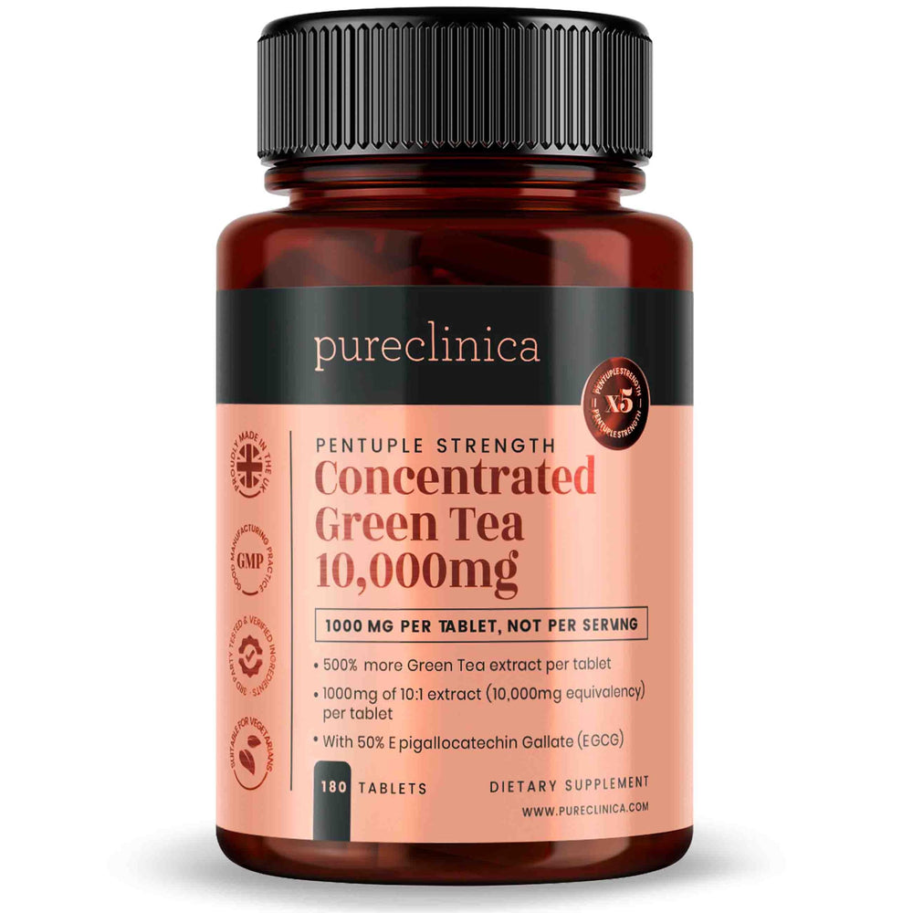 PureClinica Concentrated Green Tea bottle front view highlighting high-potency tablets