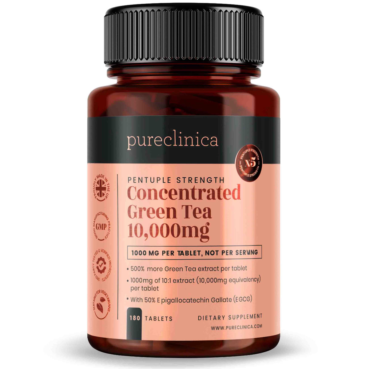 PureClinica Concentrated Green Tea bottle front view highlighting high-potency tablets