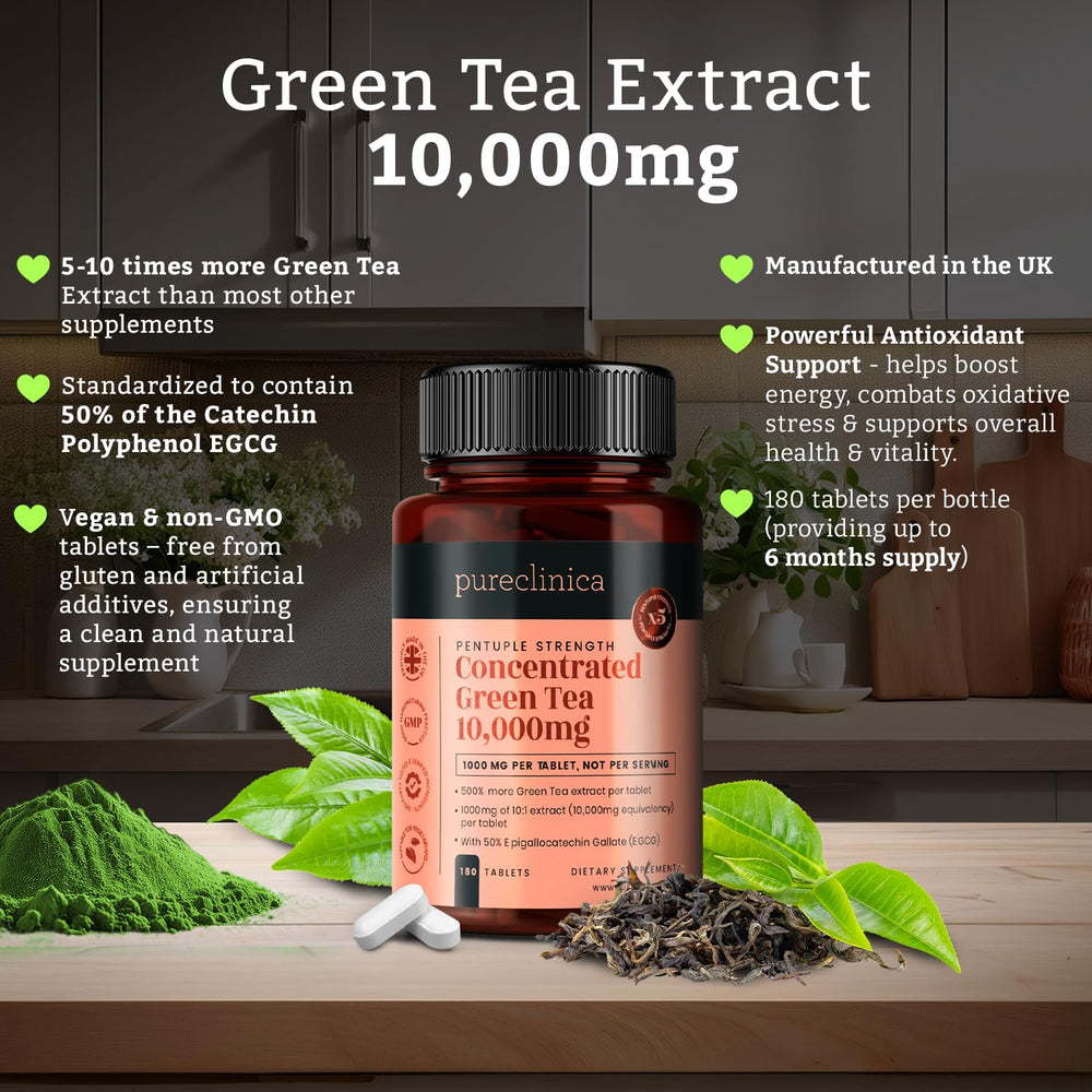 PureClinica Concentrated Green Tea 180-tablets bottle on display for daily use