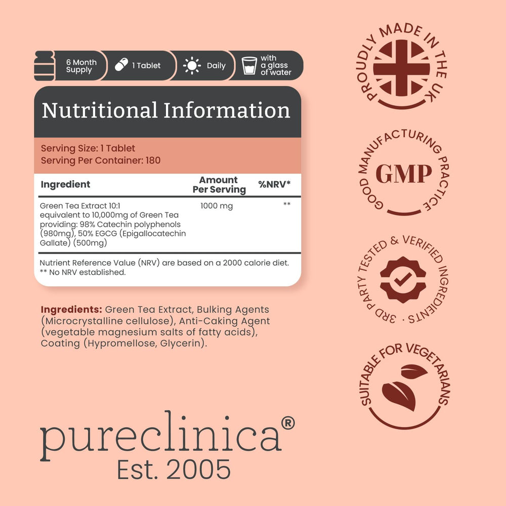PureClinica Concentrated Green Tea tablet close-up showing 10,000 mg strength