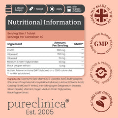 Pureclinica CoQ10 300mg bottle with black pepper extract highlights absorption support