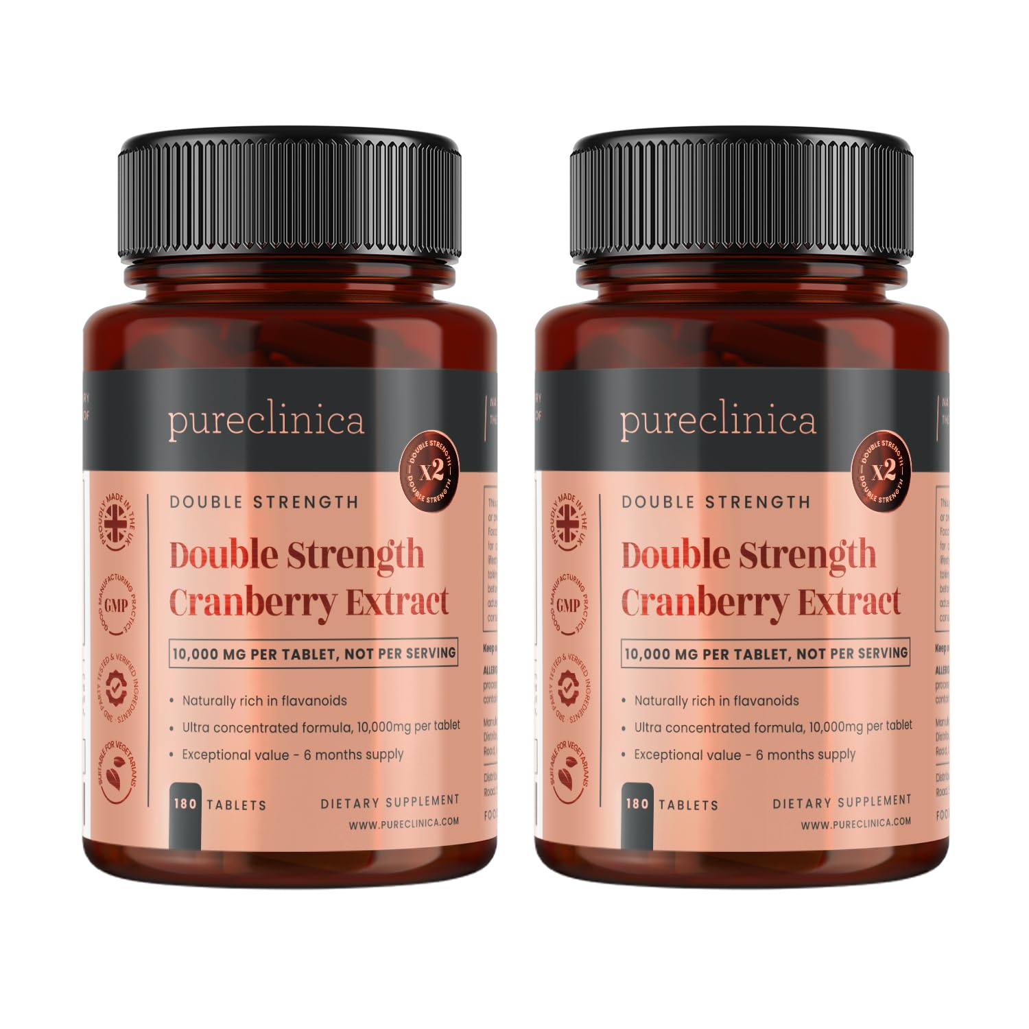 PureClinica Cranberry Extract 10,000mg tablets in a 360-pack for daily support.