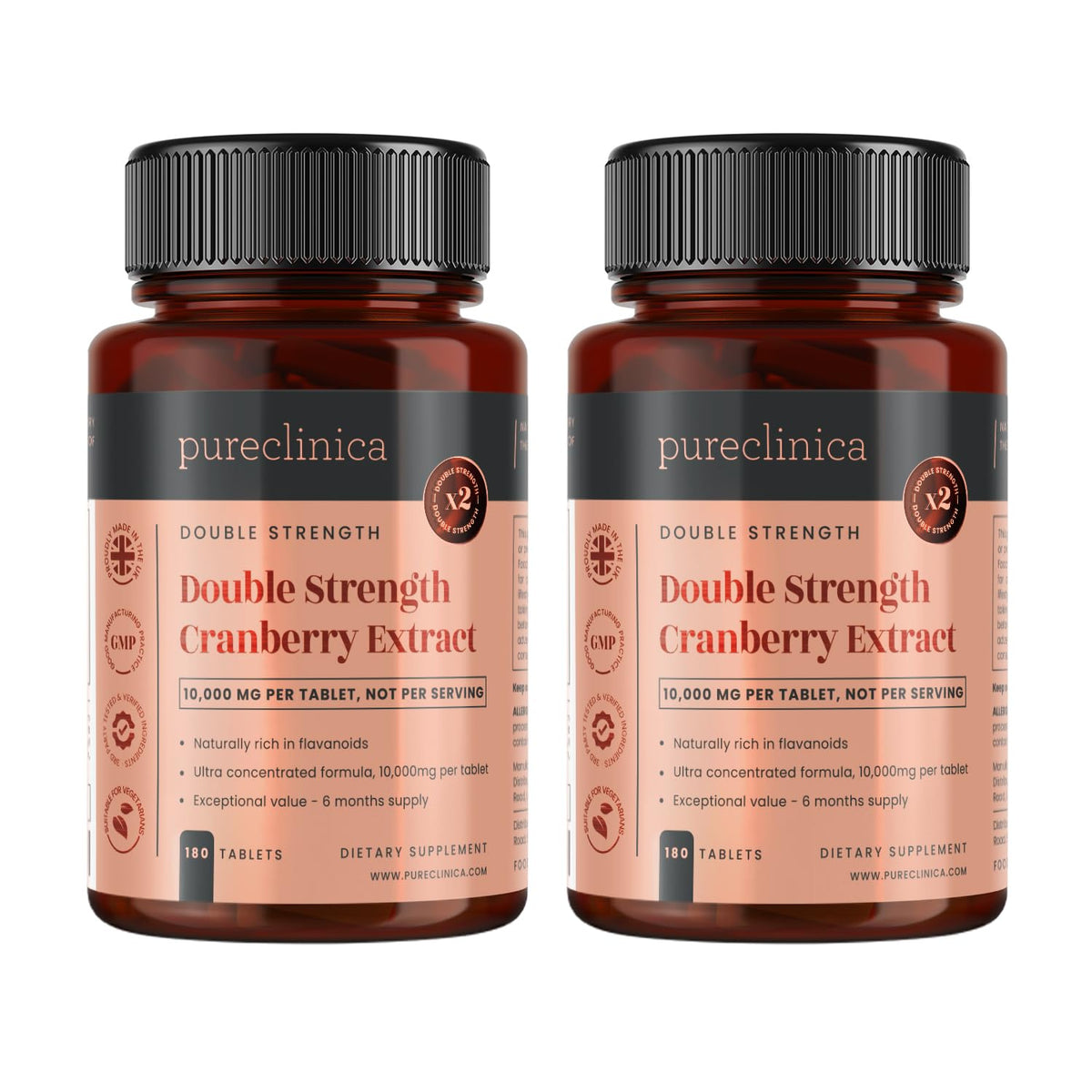 PureClinica Cranberry Extract 10,000mg tablets in a 360-pack for daily support.