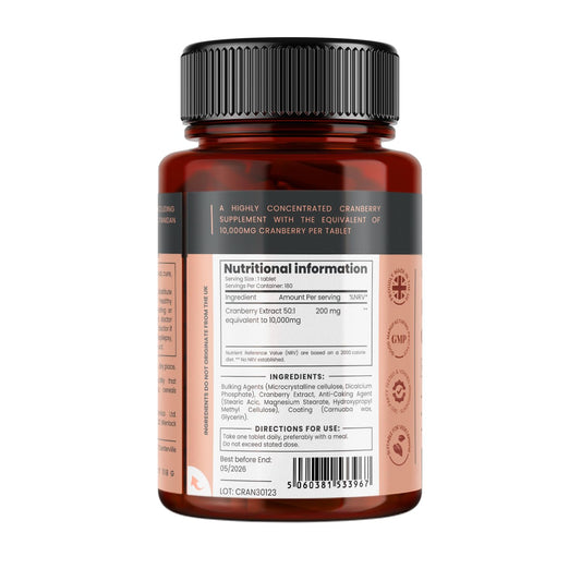 PureClinica cranberry bottle front view highlighting high-strength, sugar-free daily supplement.