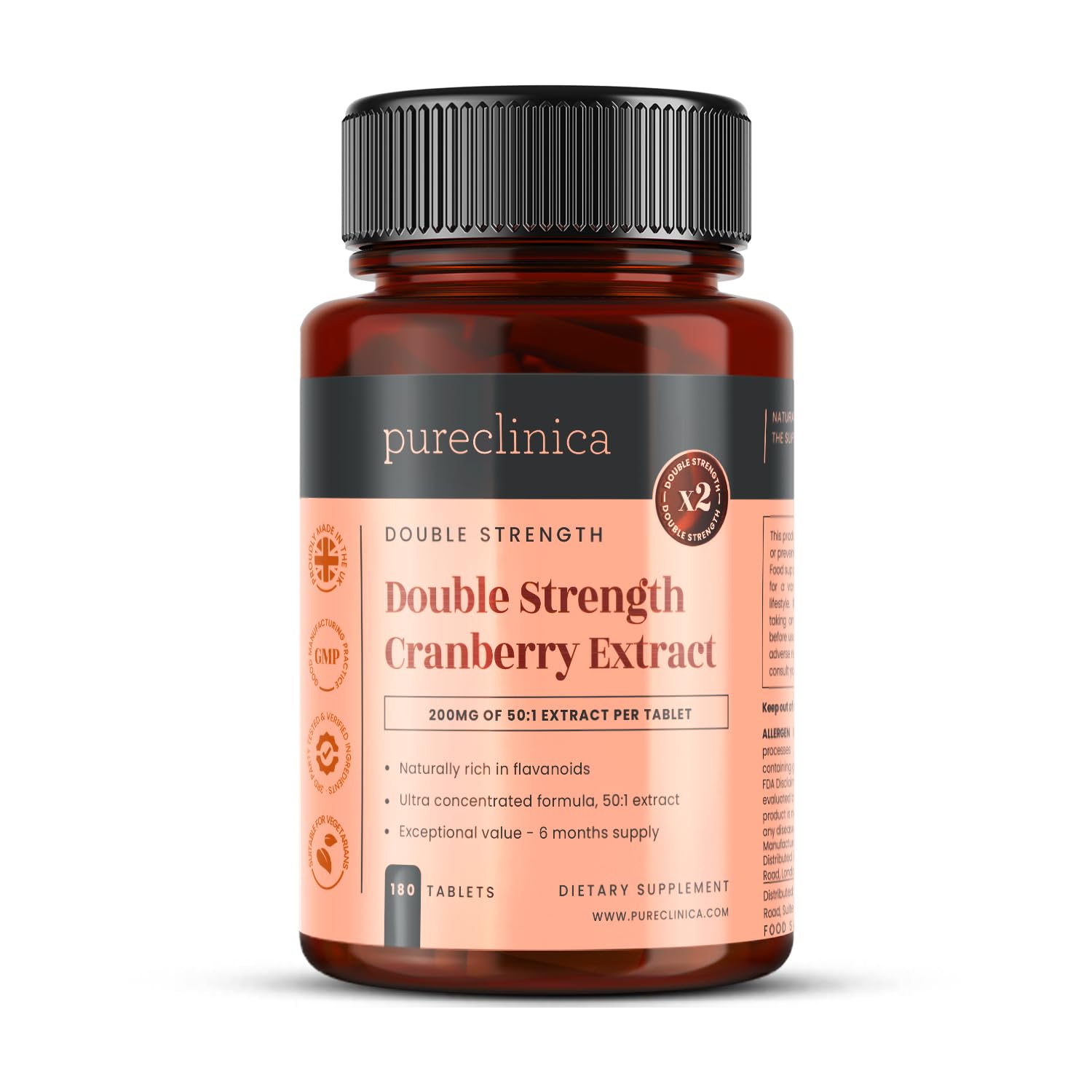 Pureclinica cranberry extract tablets bottle showing 10k strength for daily wellness