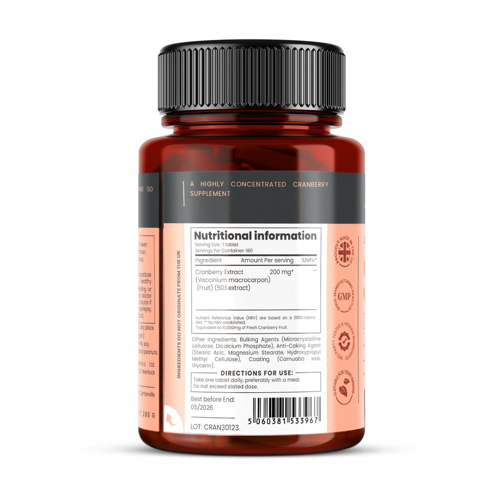 Close-up of Pureclinica cranberry extract tablet, high concentration for easy once-daily use
