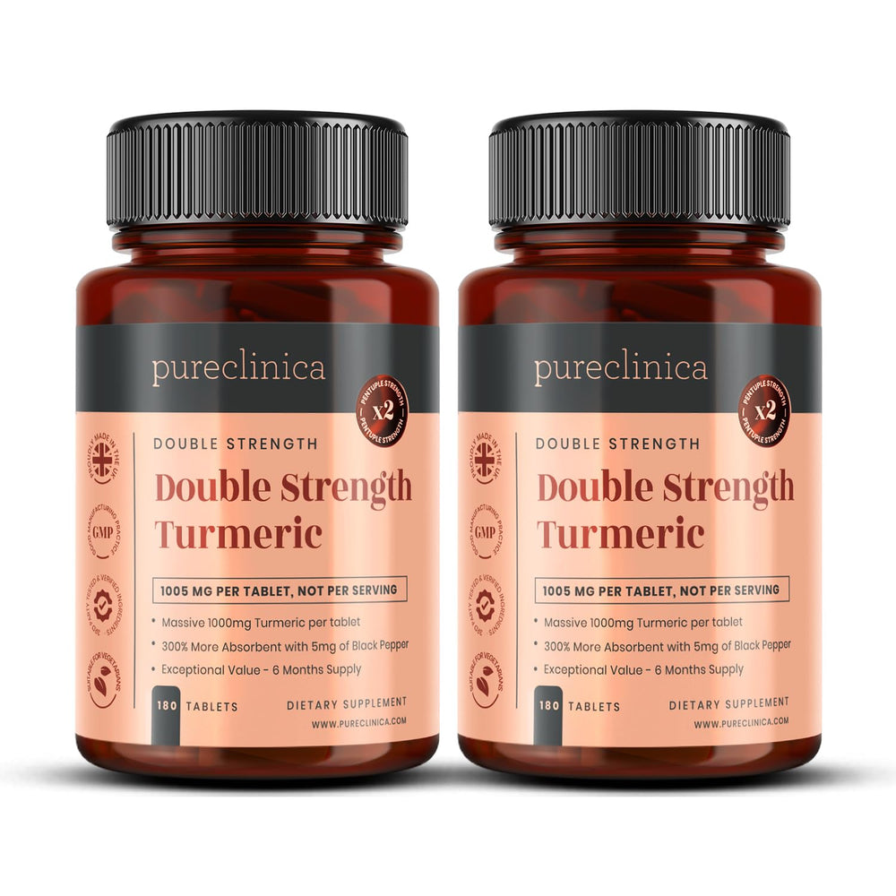 Pureclinica Double Strength Turmeric bottle front view highlighting potency for daily wellness.